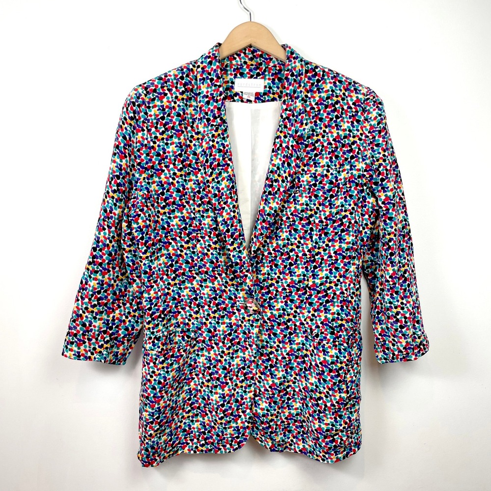 Vintage Nordstrom Silk Blazer Jacket Size 14 Confetti Print 80s 90s Dopamine